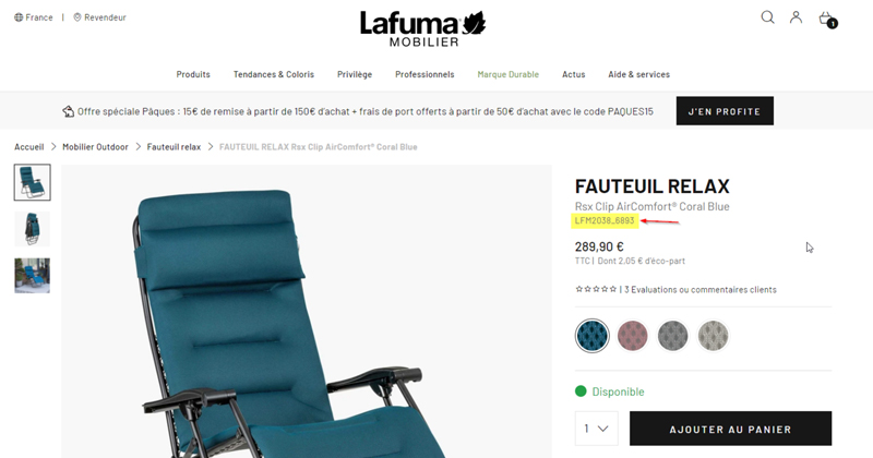 Aide pour trouver la référence de votre produit sur le site Lafuma Mobilier